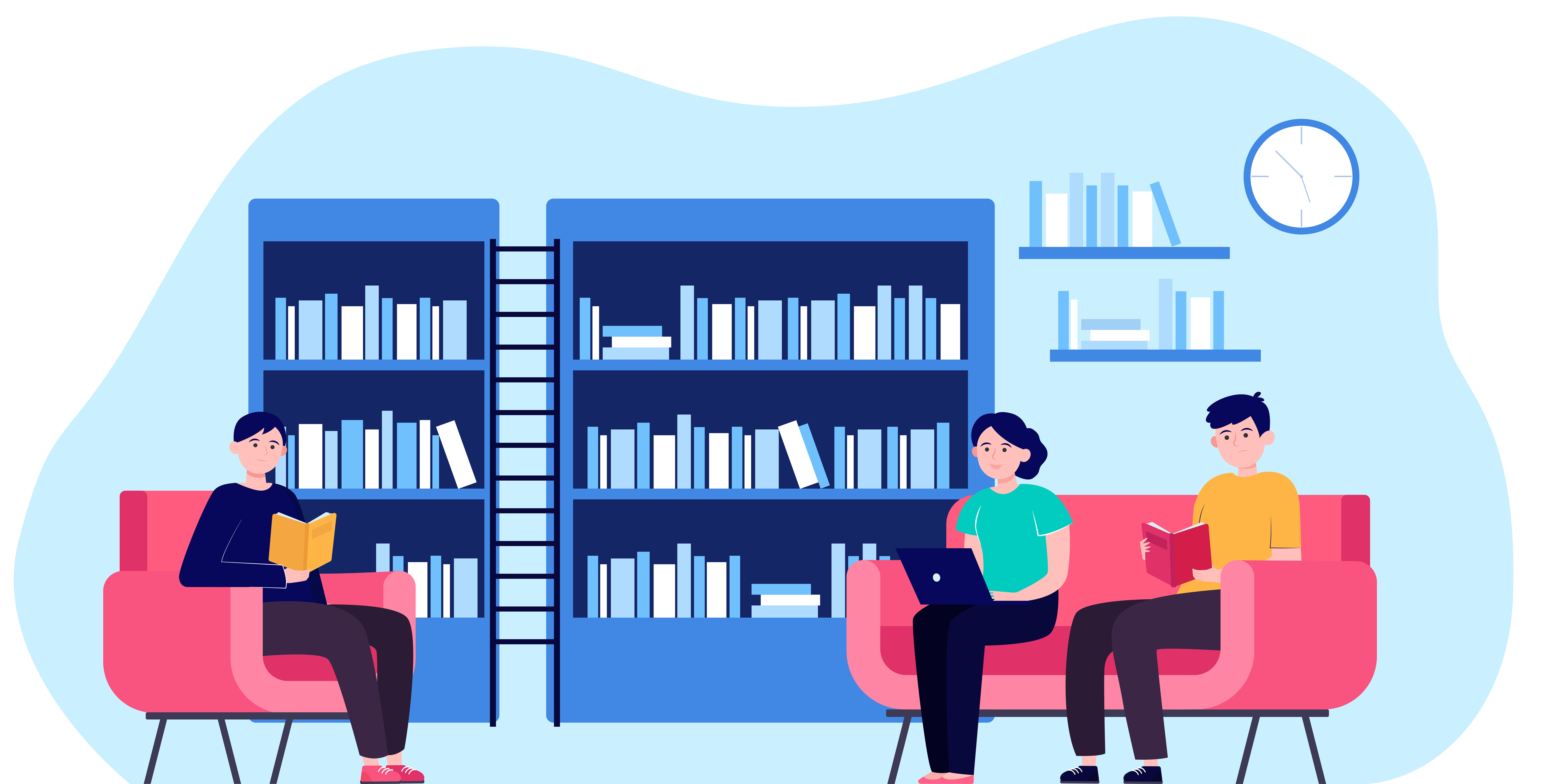 People in library flat vector illustration. Cartoon man and woman reading books and sitting on armchair or sofa. Study, knowledge and learning concept